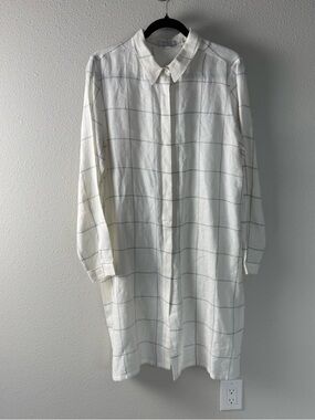 AYR Long Sleeve Linen Grid Print Button Down Dress White Casual Boho Women’s XL
